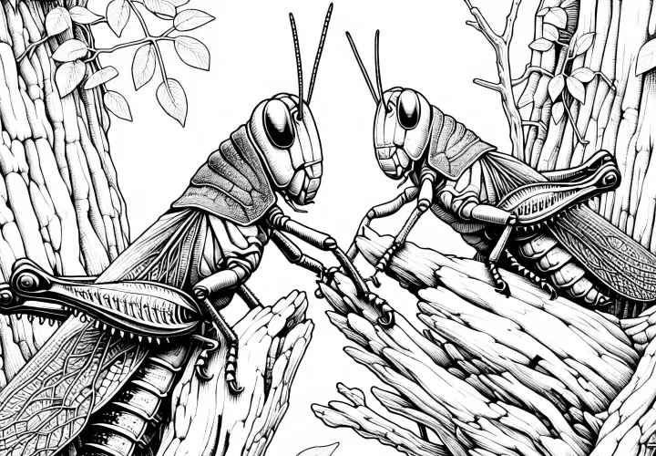 Dois gafanhotos estão sentados em um tronco de árvore: Modelo para colorir para download (Gratuito)