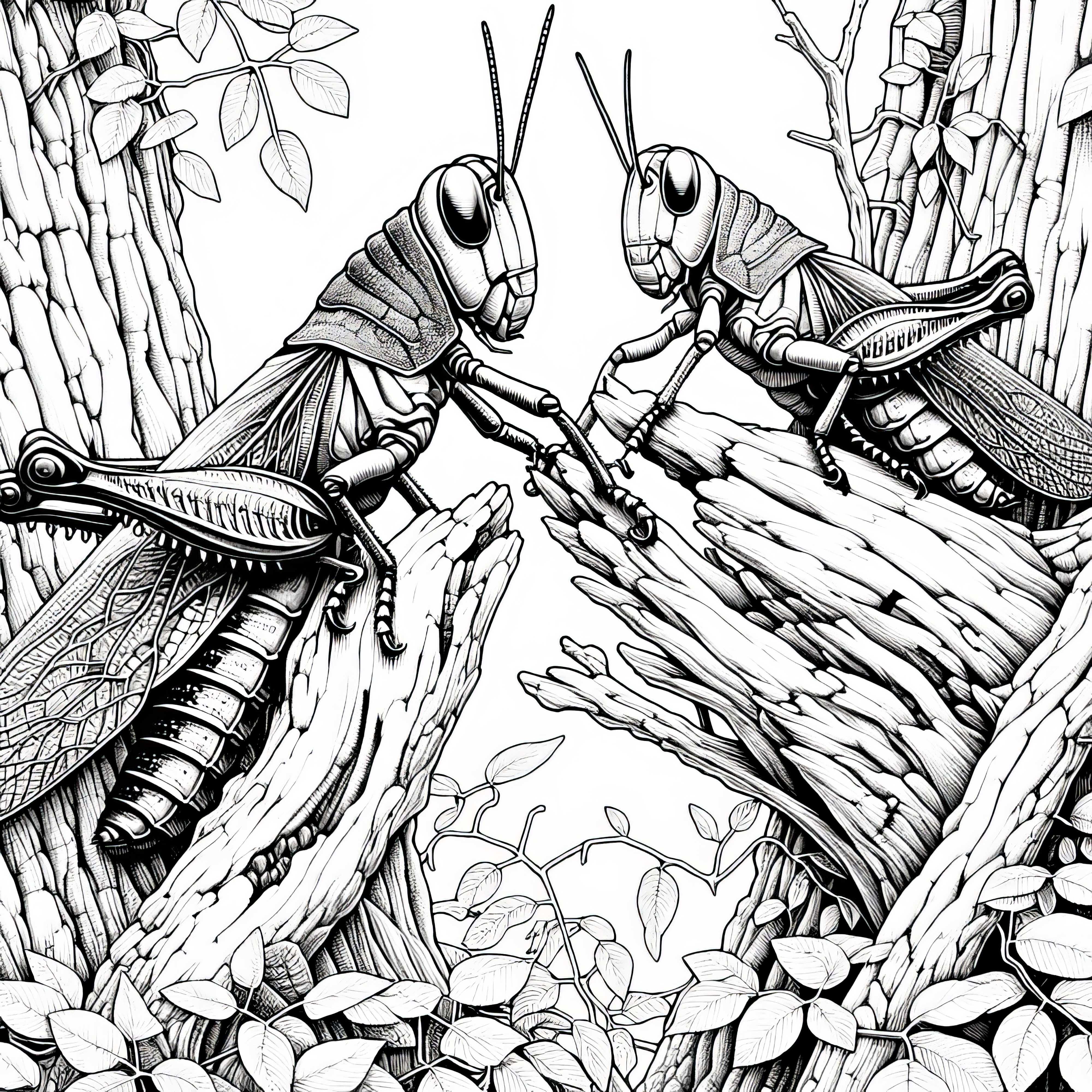 To græshopper sidder på en træstamme: Malebog til download (Gratis) To græshopper sidder på en træstamme: Malebog til download (Gratis)