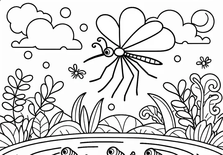 Komar leti nad vodno površino z ličinkami: Brezplačna slika za obarvanje