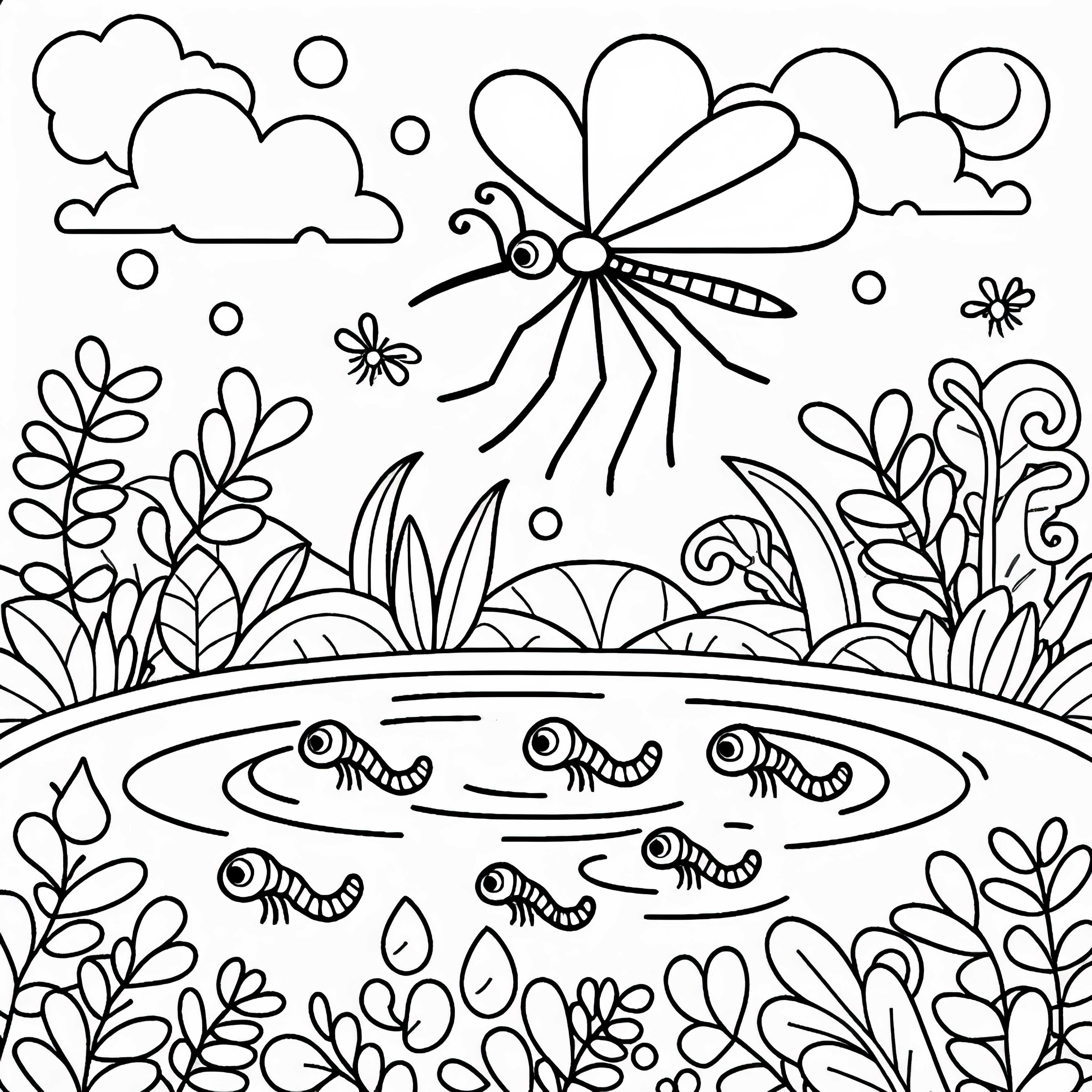 Komar leti nad vodno povr&scaron;ino z ličinkami &ndash; barvna slika brezplačno