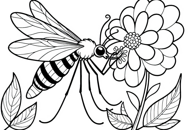 Mygg drikker nektar fra blomst: Enkel fargeleggingsmal (Gratis)
