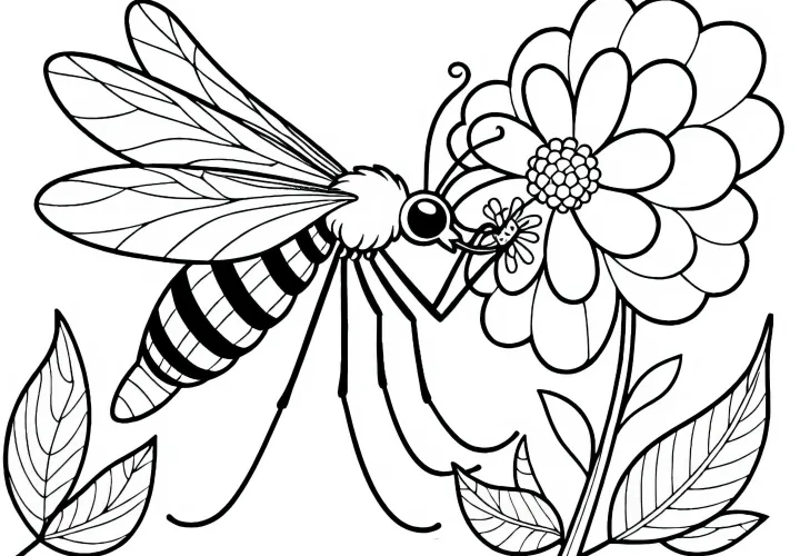 Komar pije nektar iz cveta: Enostavna predloga za barvanje (Brezplačno)