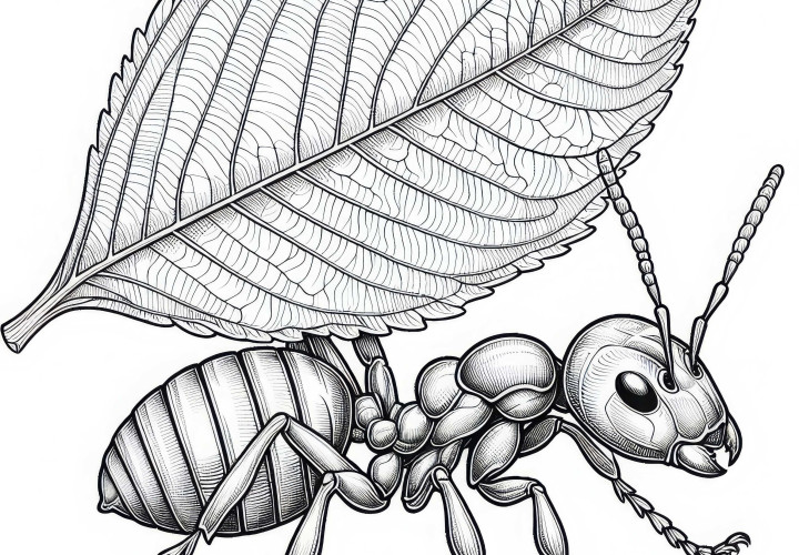 Ameise trägt Blatt über Kopf: Malvorlage zum Download (Gratis)