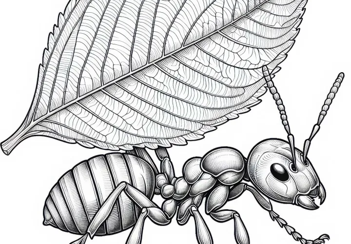 Ameise trägt Blatt über Kopf: Malvorlage zum Download (Gratis)