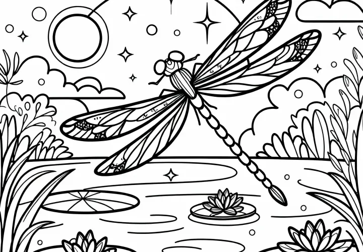 Сияющая стрекоза над прудом: Бесплатная раскраска