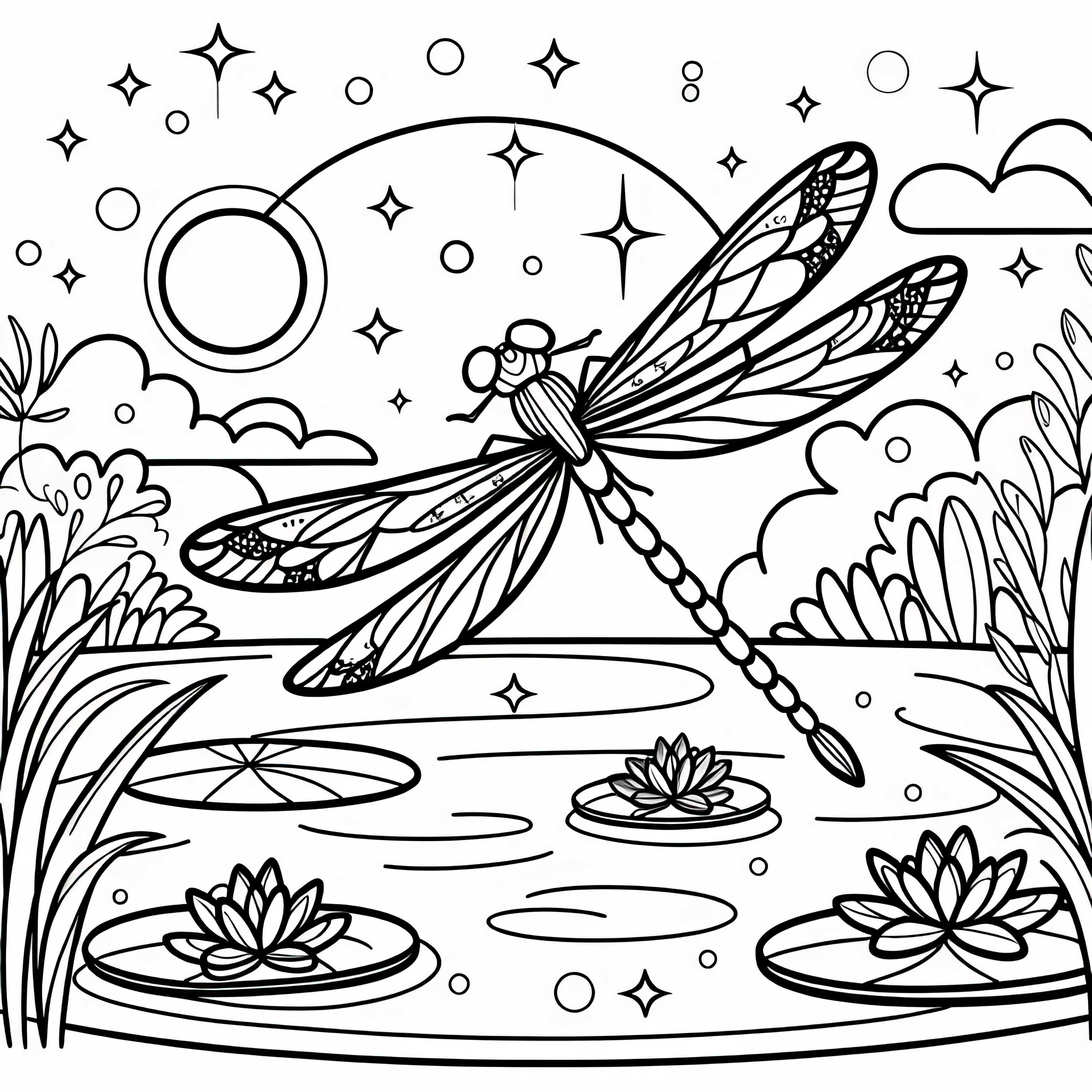 Skinnende libelle over en dam: Gratis fargeleggingsbilde