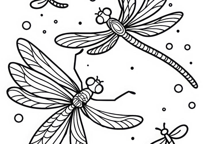 Две стрекозы танцуют в воздухе: Раскраска для скачивания (Бесплатно)