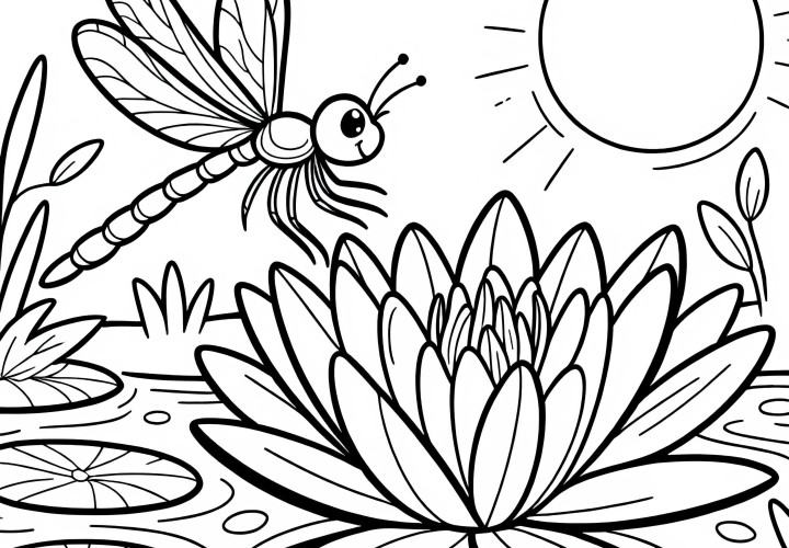 Libellula su ninfea: Modello da colorare da scaricare (Gratis)