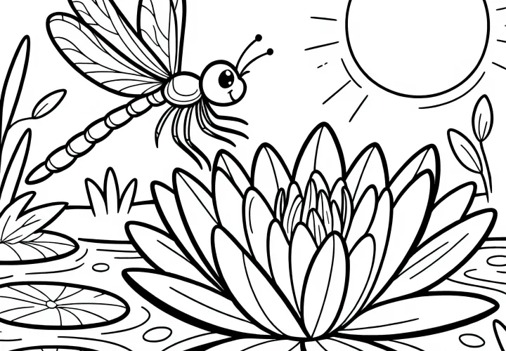 Стрекоза на кувшинке: Раскраска для скачивания (Бесплатно)