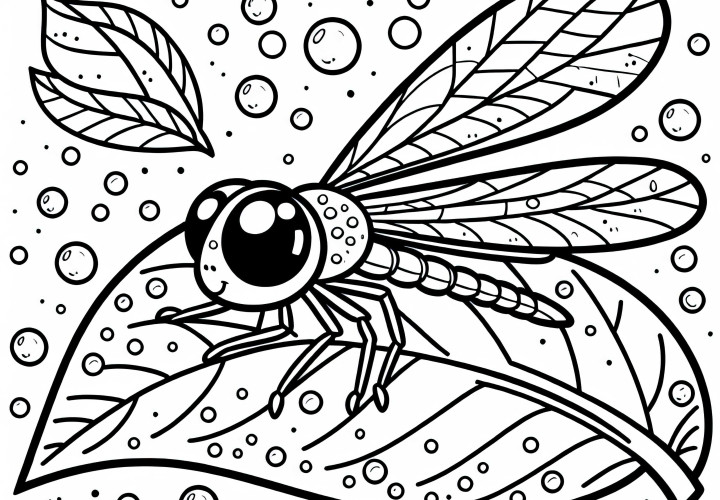 Libellula su foglia con gocce di rugiada: modello da colorare da scaricare (gratuito)