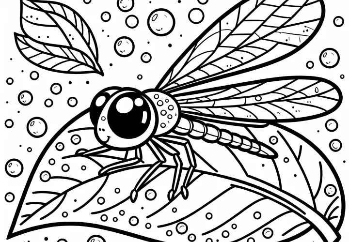 Стрекоза на листе с каплями росы: раскраска для скачивания (бесплатно)