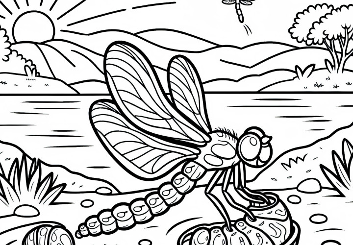 La libellula esce dal bozzolo larvale sulla riva: Immagine da colorare da scaricare (Gratis)