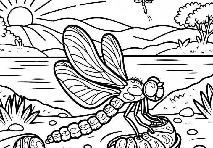 Libelle вылупляется из личиночной оболочки на берегу: Раскраска для скачивания (бесплатно)