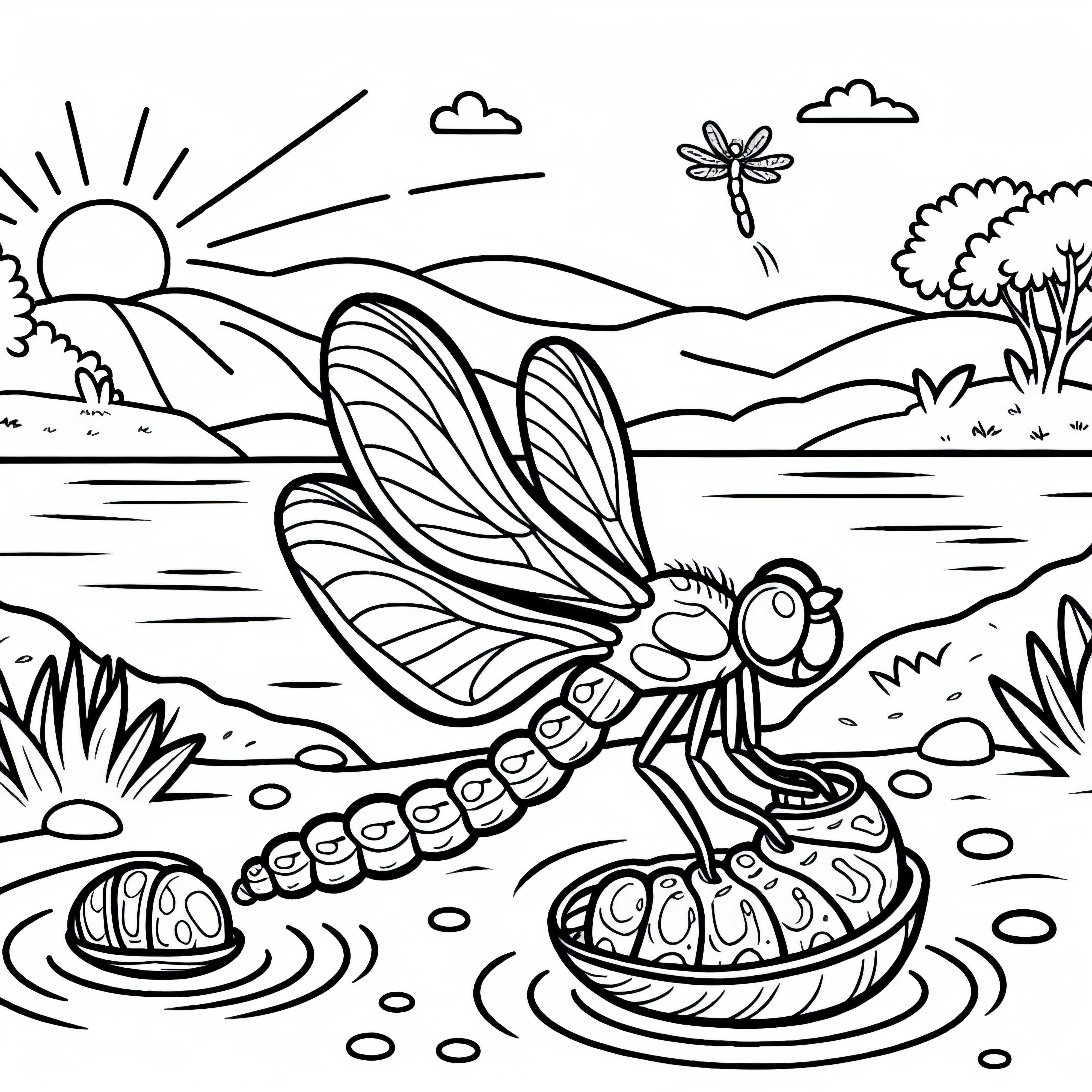 La libellula esce dal bozzolo larvale sulla riva: Disegno da colorare da scaricare (Gratis) La libellula esce dal guscio della larva sulla riva: disegno da colorare da scaricare (gratuito)