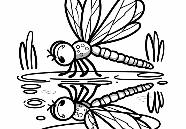 Libellula su un lago: Modello da colorare da scaricare (Gratuito)