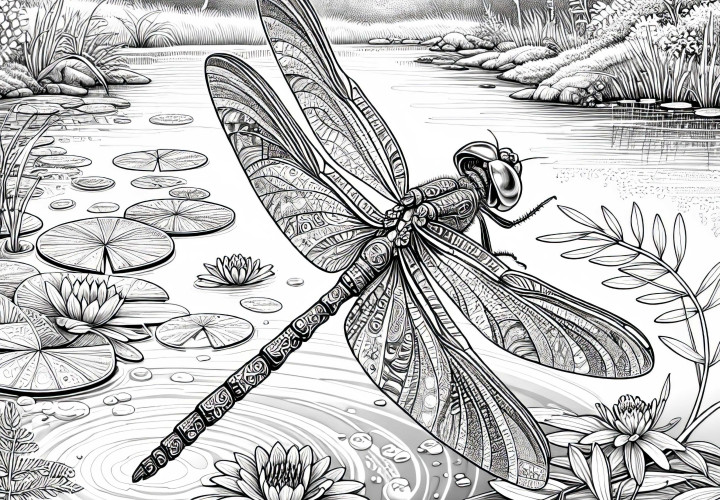 Libellula svolazza sopra uno stagno: immagine da colorare da scaricare (gratuita)