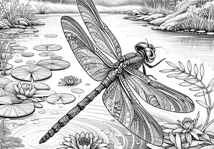 Стрекоза жужжит над прудом: Раскраска для скачивания (бесплатно)
