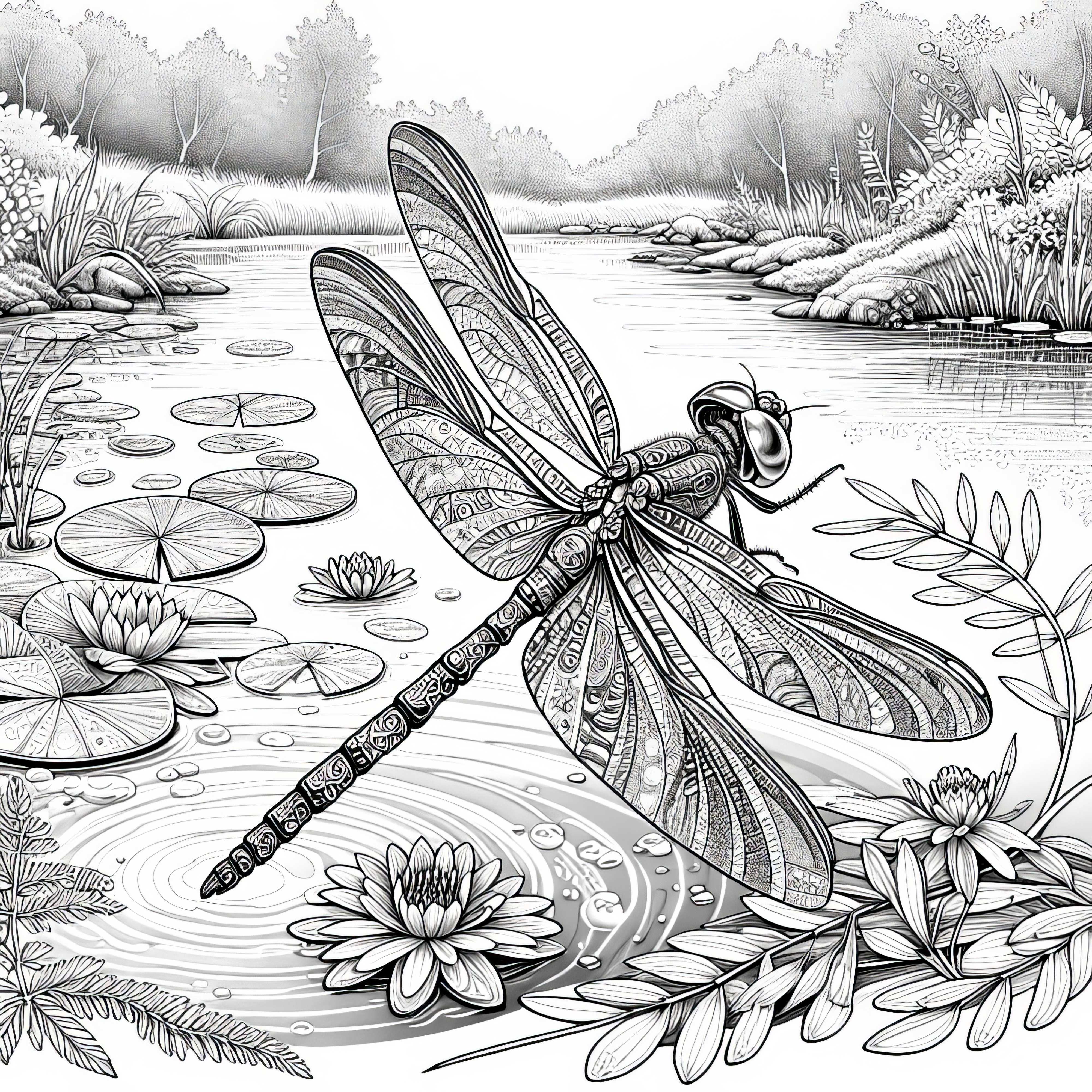 La libellula volteggia sopra uno stagno: Immagine da colorare da scaricare (Gratis)