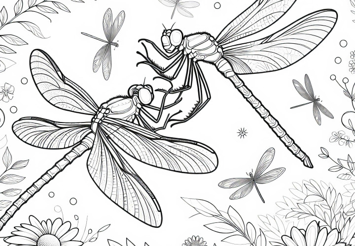 Due libellule danzano nell'aria: Immagine da colorare da scaricare (Gratis)