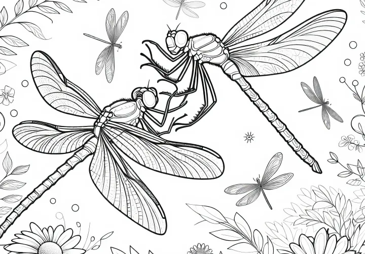 Две стрекозы танцуют в воздухе: Раскраска для скачивания (Бесплатно)