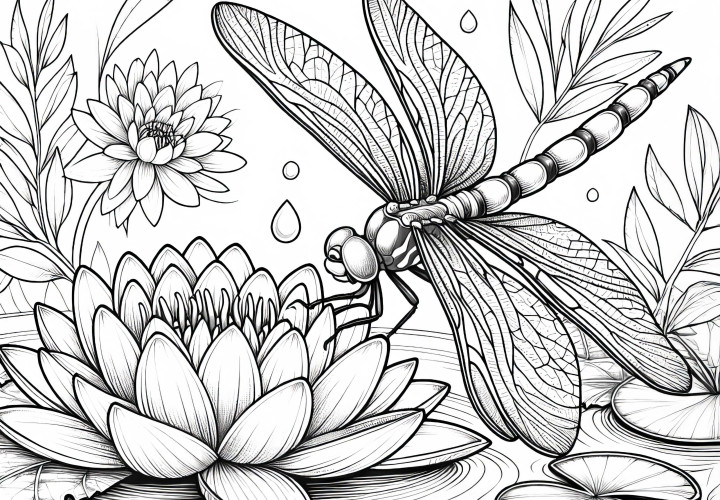 La libellula atterra delicatamente sul nenufaro: Disegno da colorare ricco di dettagli (Gratis)