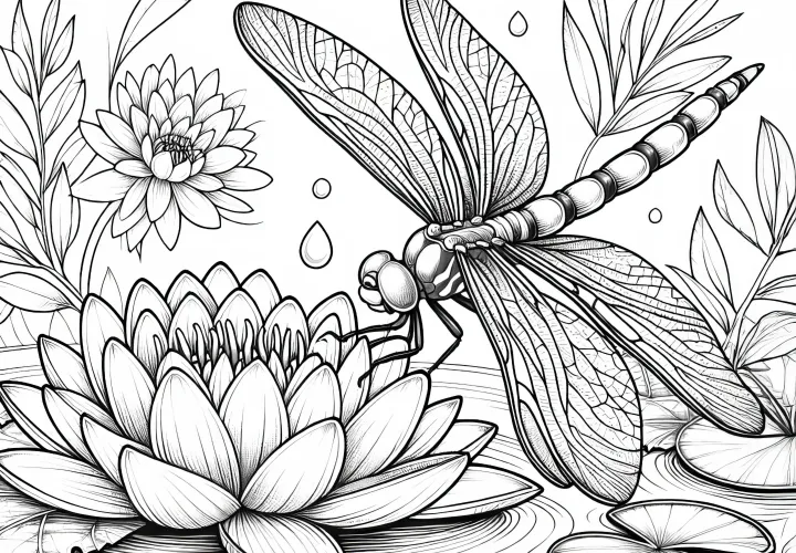 Стрекоза мягко приземляется на кувшинку: детализированный рисунок для раскрашивания (бесплатно)