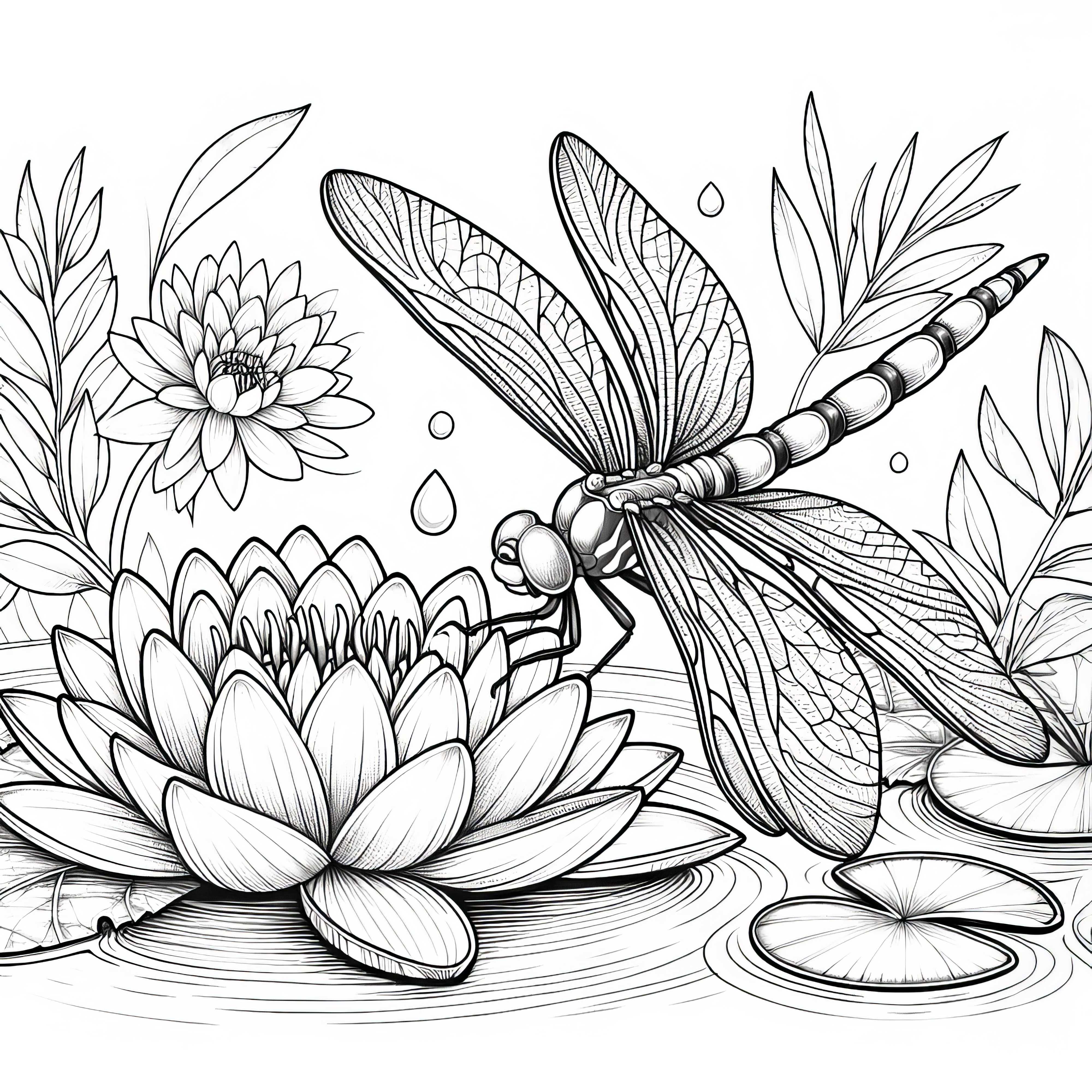 La libellula atterra delicatamente sul ninfea: Disegno da colorare ricco di dettagli (Gratis) Libellula atterra delicatamente sul ninfea: Disegno da colorare dettagliato (Gratis)