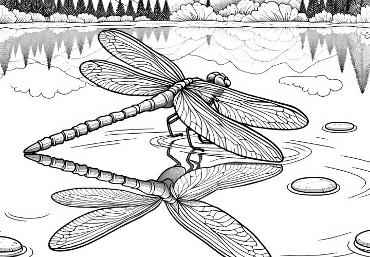 Libellula, si riflette sulla superficie di un lago: Disegno dettagliato da stampare (Gratuito)