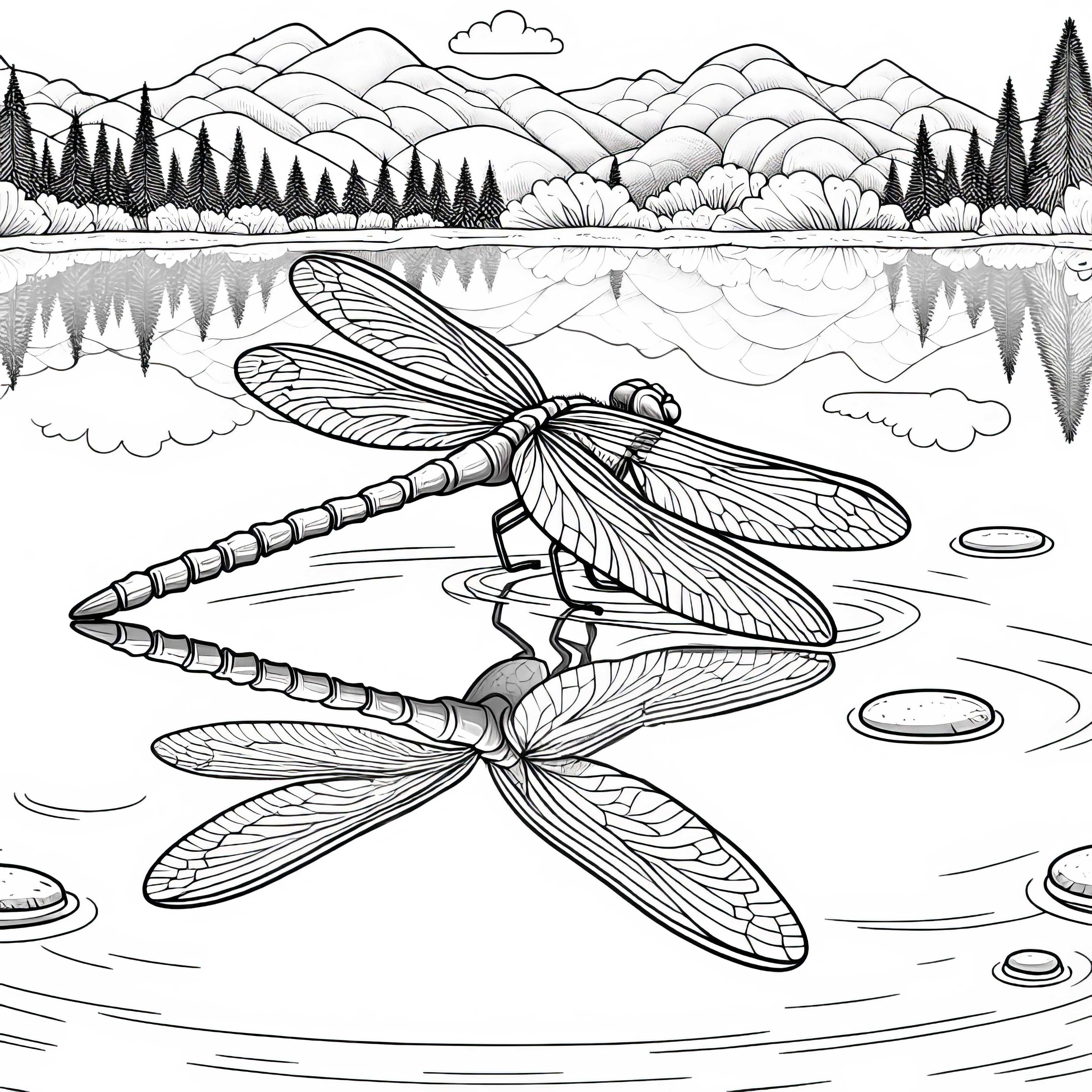 Libellula, si riflette sulla superficie di un lago: Modello di disegno dettagliato da stampare (Gratuito)