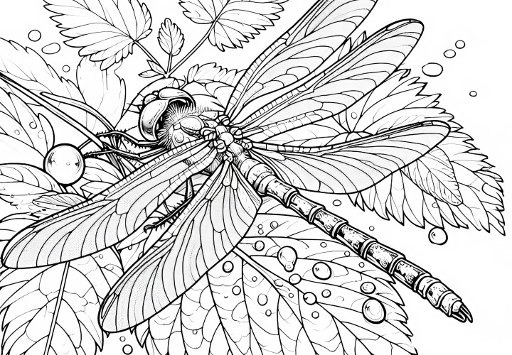 Libellula su foglia con gocce di rugiada: Disegno da colorare da scaricare (Gratis)