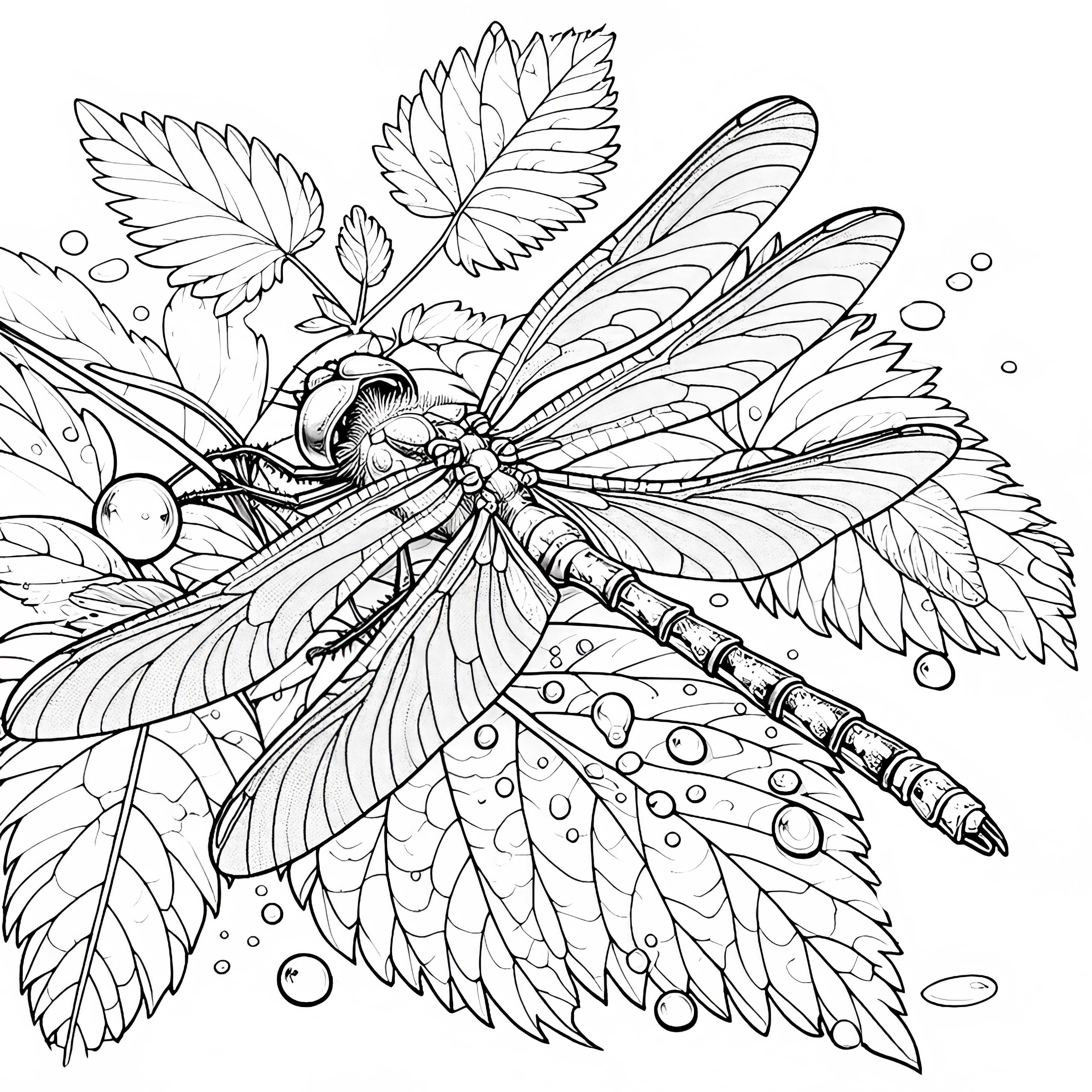 Libellula su foglia con gocce di rugiada: Immagine da colorare da scaricare (Gratis)