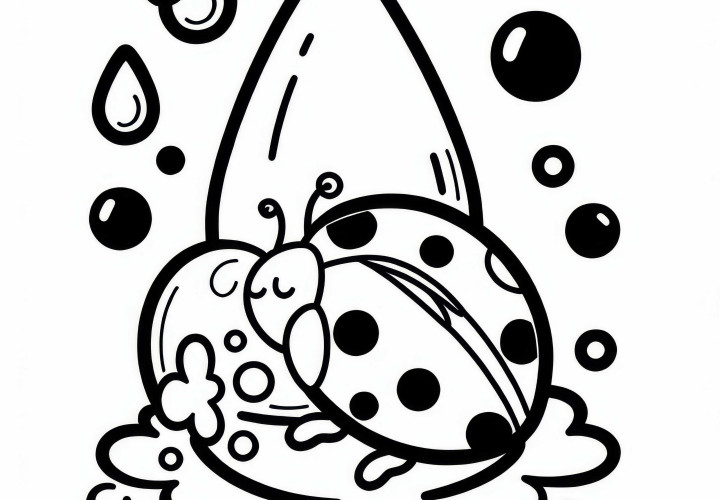 Ladybug rests on a water droplet: Coloring template for download (Free) Ladybug rests on a drop of water: Coloring page for download (Free)