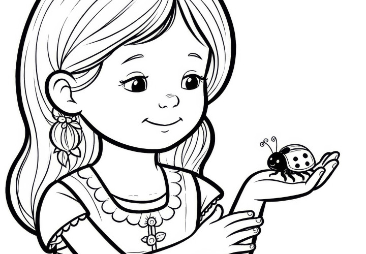 Child carefully holds ladybug on palm: coloring template for download (free) Child carefully holds ladybug on palm: coloring template for download (free)