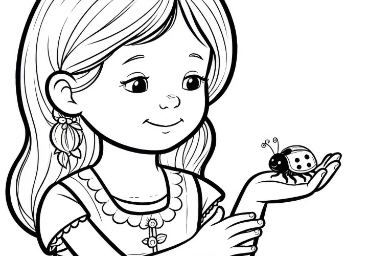 Child carefully holds ladybug on palm: coloring template for download (free)
