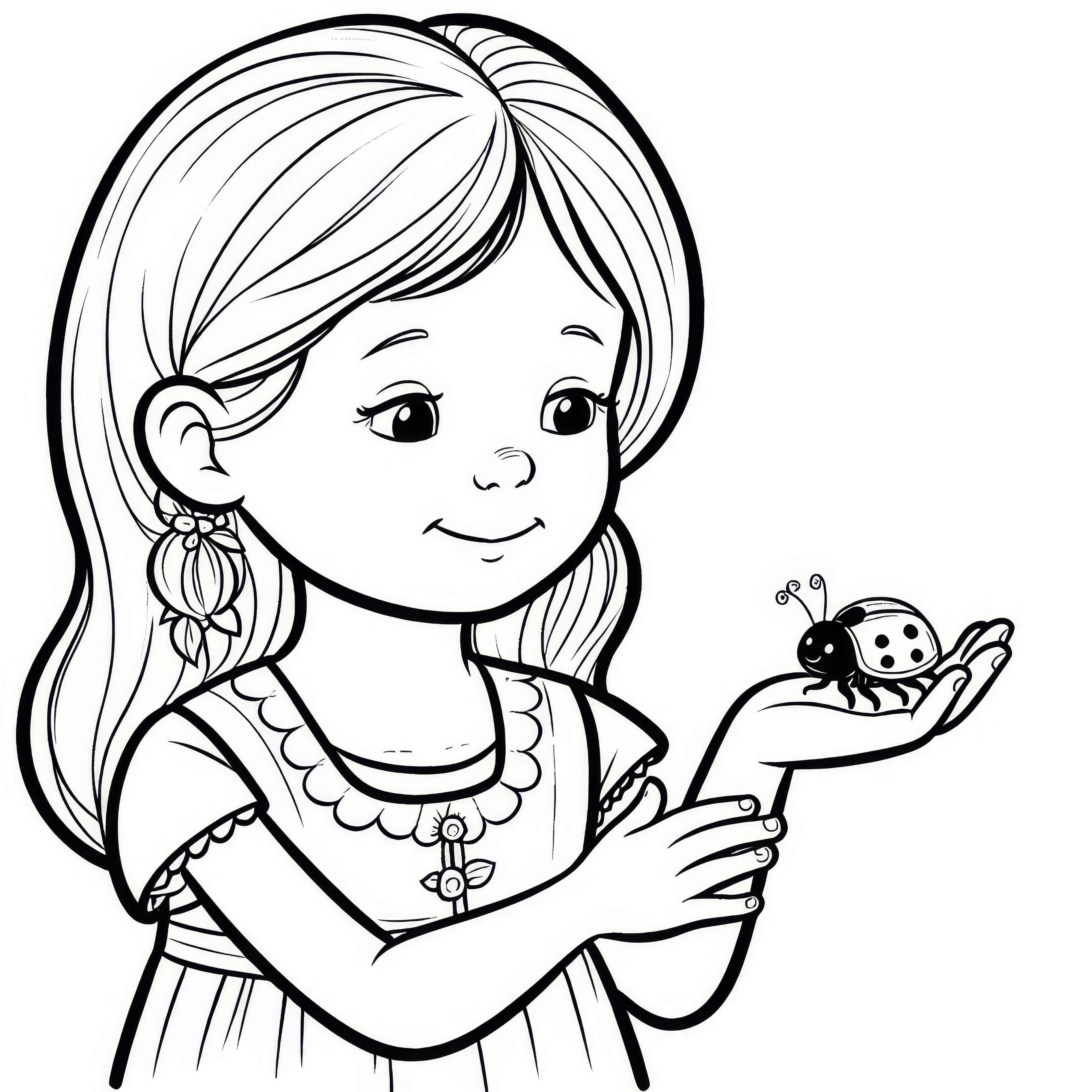 Child carefully holds ladybug on palm: coloring template for download (free)