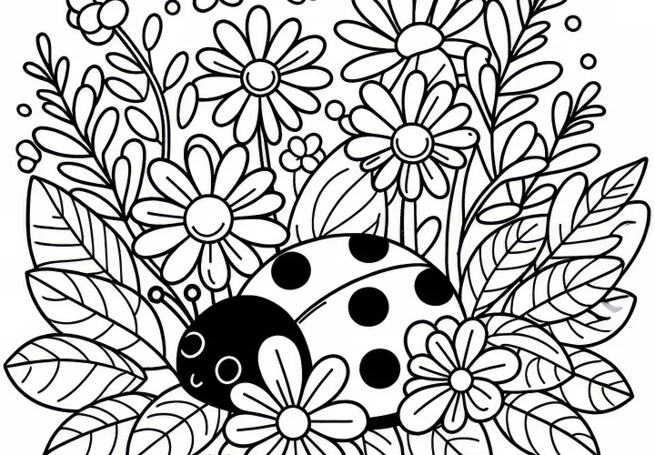 Ladybug hides between flowers: Free coloring page