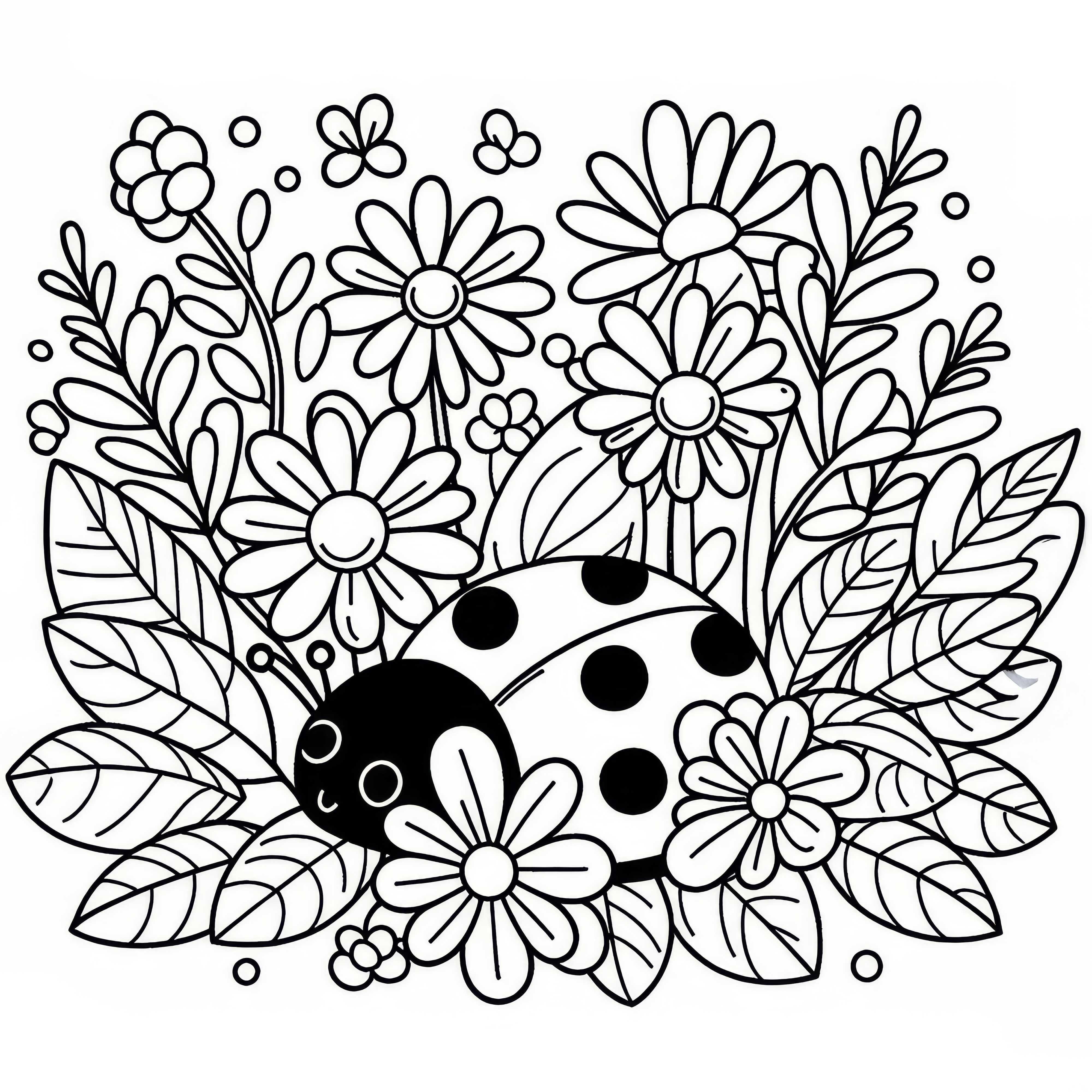 Ladybug hides among flowers: Free coloring page