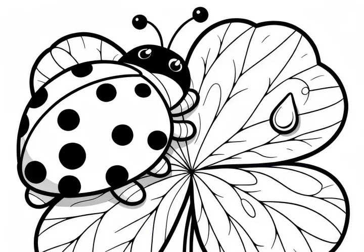 Ladybug sitting on clover leaf with water droplets: Free coloring page