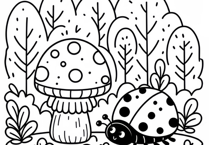Ladybug next to mushroom in the forest: Simple coloring page (Free) Ladybug next to mushroom in the forest: Simple coloring page (Free)