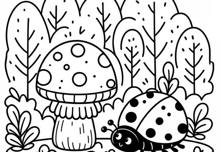 Ladybug next to mushroom in the forest: Simple coloring page (Free)