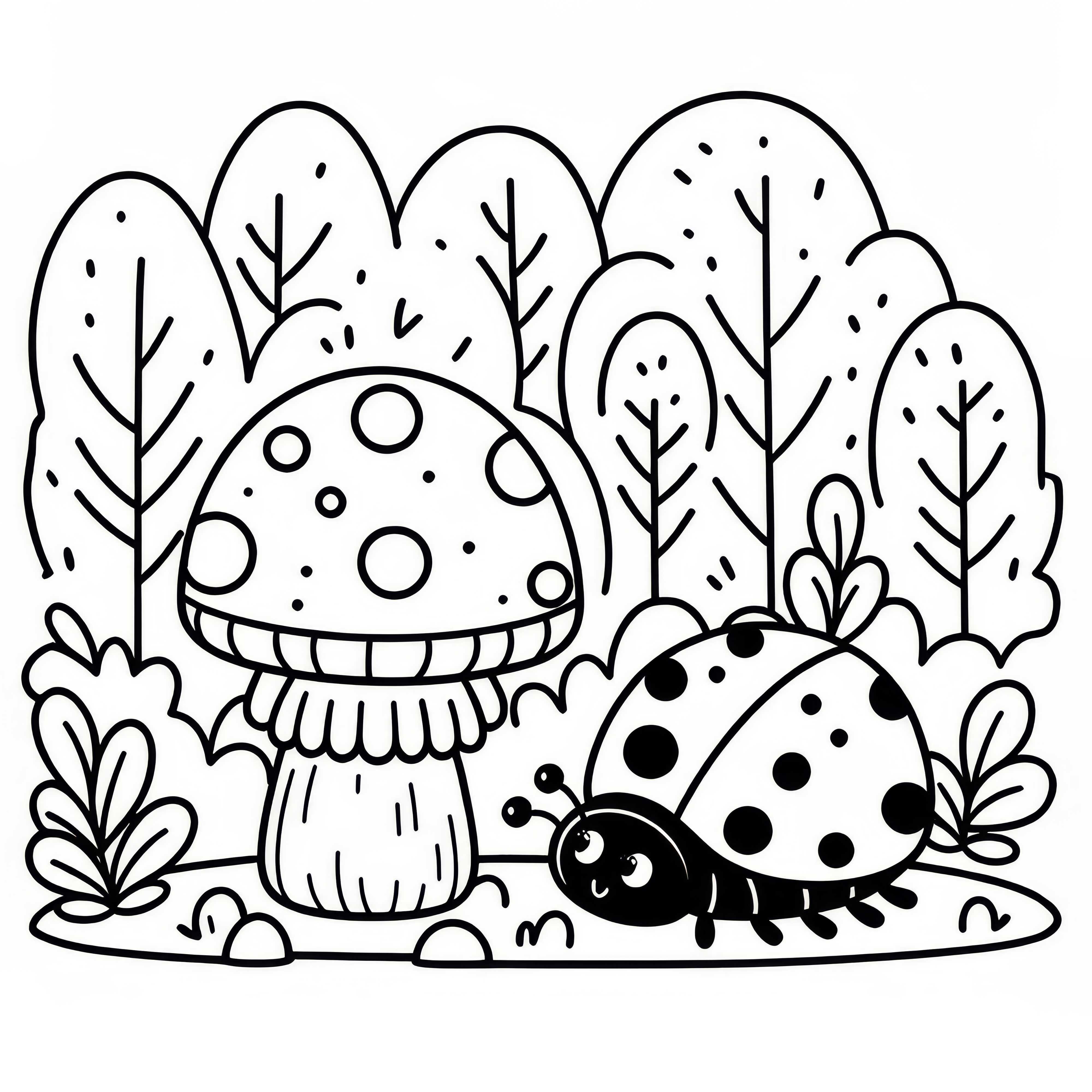 Ladybug next to mushroom in the forest: Simple coloring page (Free)