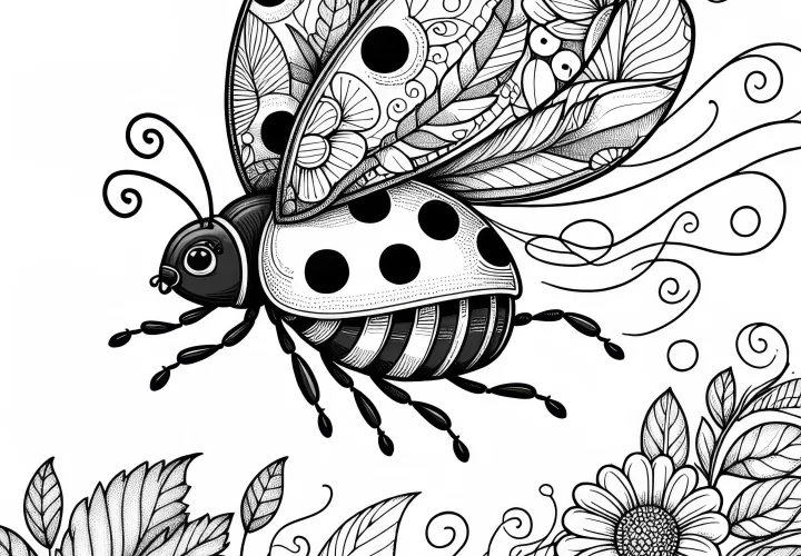Ladybug flies through the air with outstretched wings as a coloring page (Free)