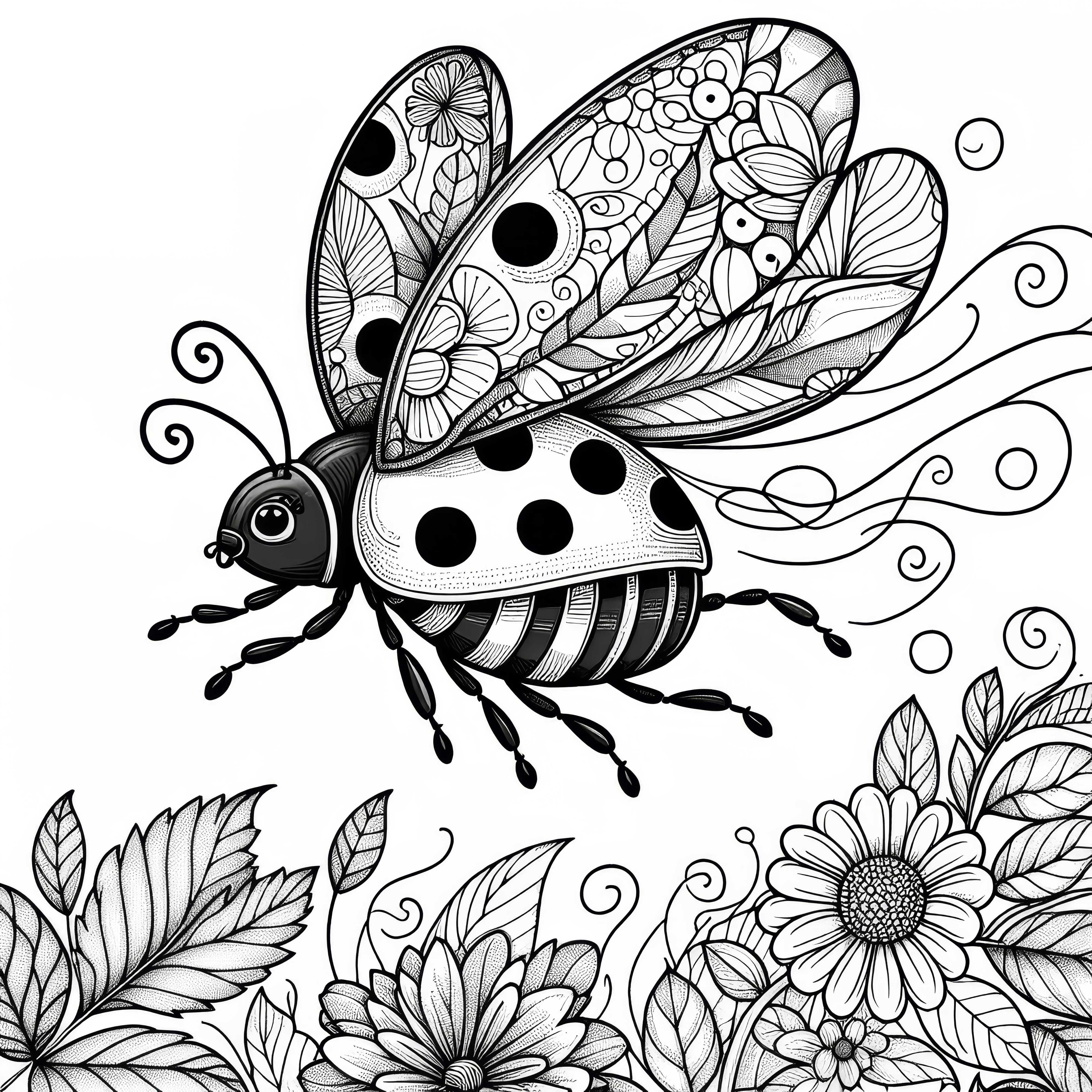 Ladybug flies through the air with outstretched wings as a coloring page (Free)