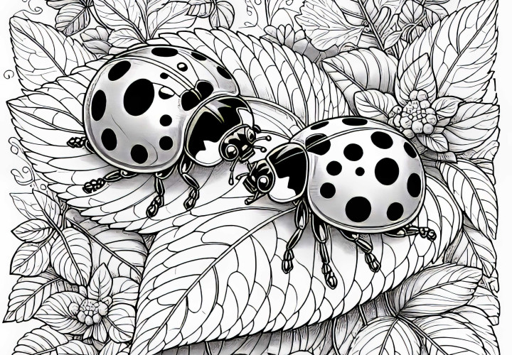 Two ladybugs are sitting next to each other on a leaf: coloring page for download (free) Two ladybugs are sitting next to each other on a leaf: coloring page for download (free)