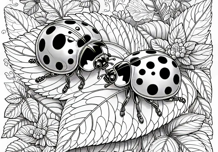 Two ladybugs are sitting next to each other on a leaf: coloring page for download (free)