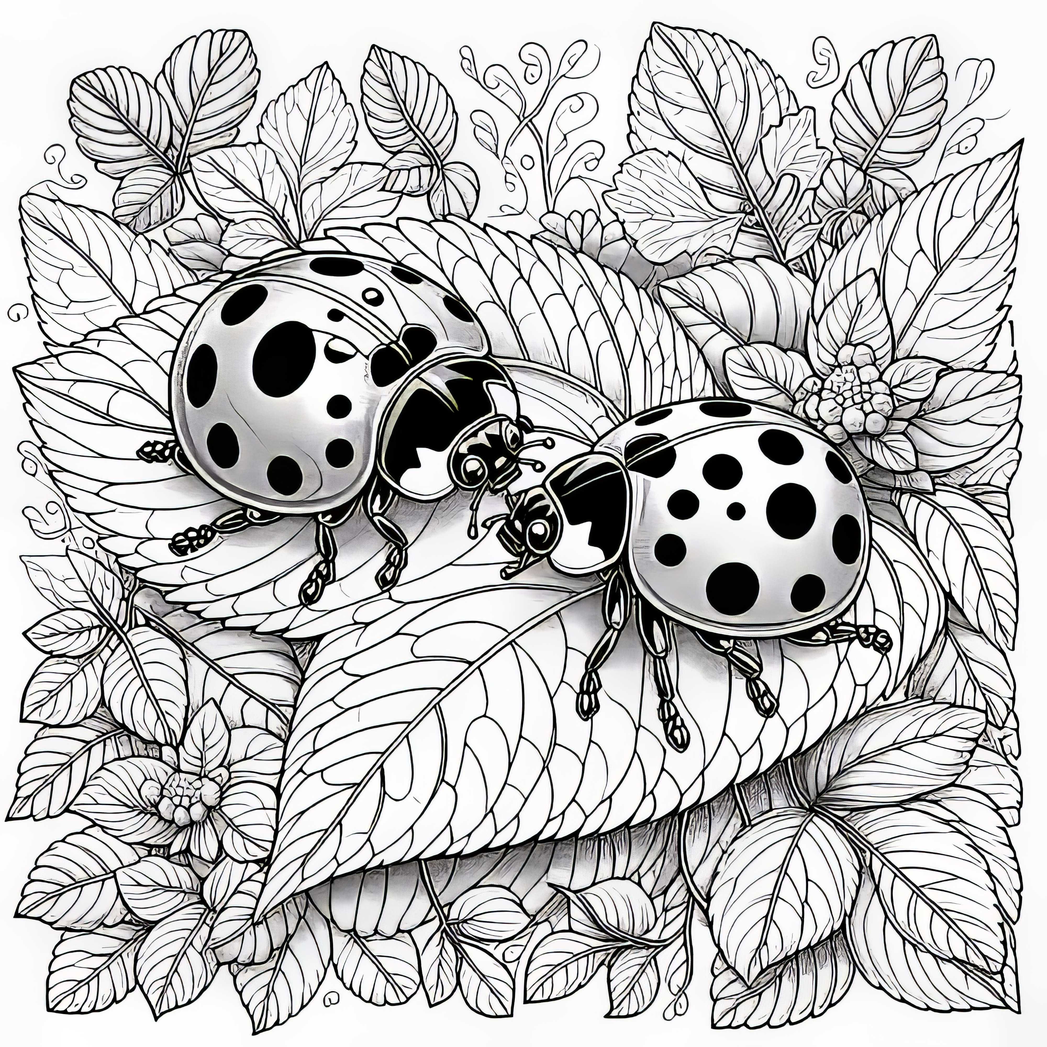 Two ladybugs are sitting next to each other on a leaf: coloring template for download (free)