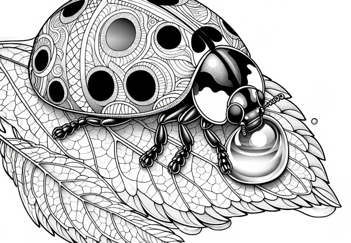 Ladybug rests on a leaf with water droplets: Detailed coloring page (Free) Ladybug rests on a leaf with water droplets: Detailed coloring page (Free)