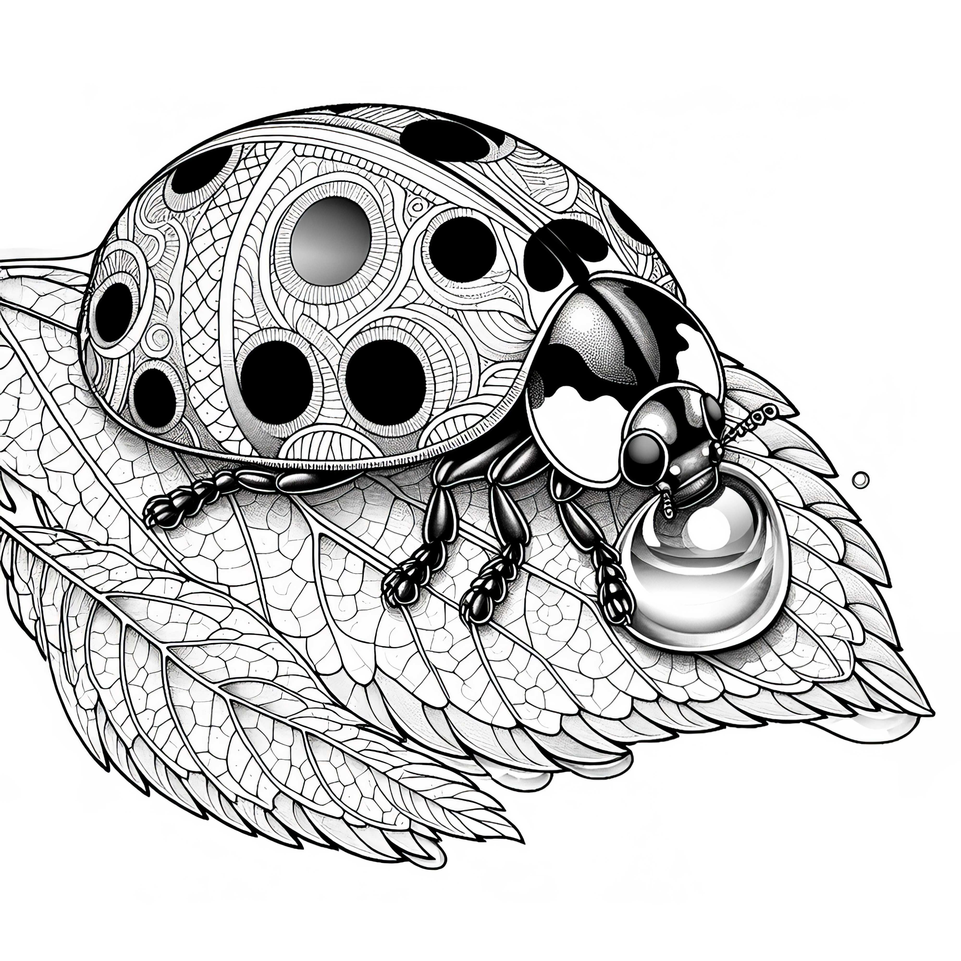 Ladybug rests on a leaf with water droplets: Detailed coloring template (Free)