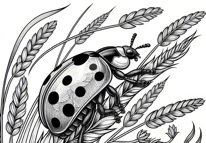 Ladybird climbs on grass blade: Coloring page to download (Free)