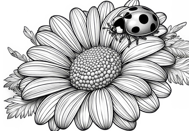 Ladybug crawls over daisies: Detailed coloring page (Free) Ladybug crawls over daisies: Detailed coloring page (Free)